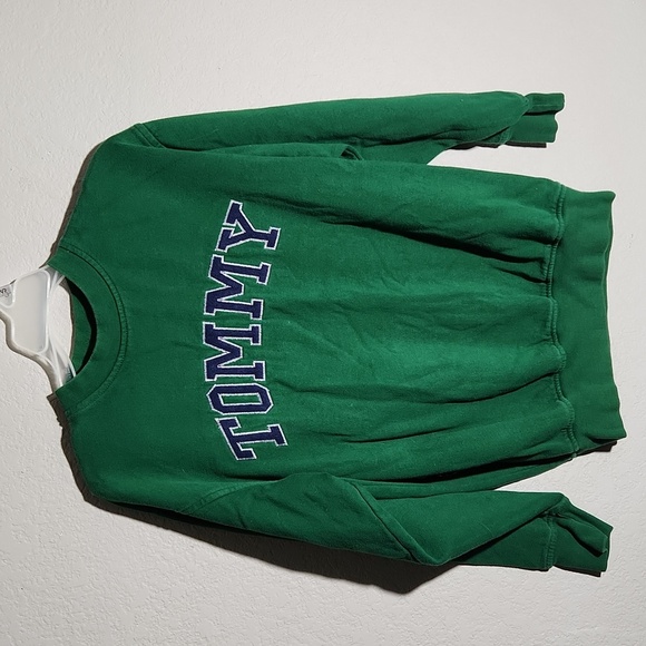Tommy Hilfiger Sweatshirt Sweater Size L Green Sherpa Letters Blue Crewneck - Picture 1 of 9